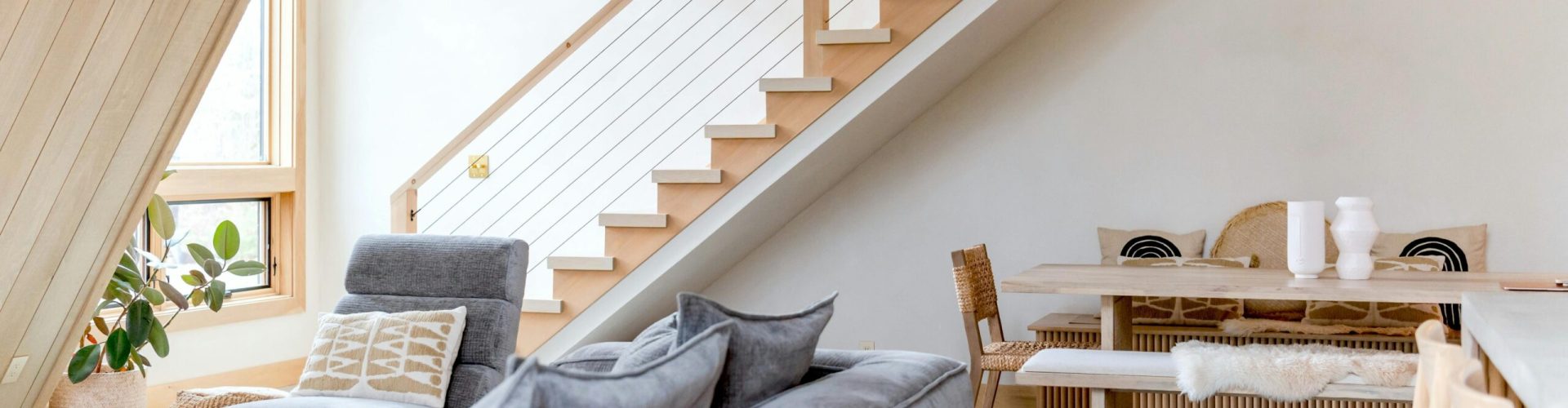 Stylish and cozy modern living room interior with elegant decor in Bethel, Maine.